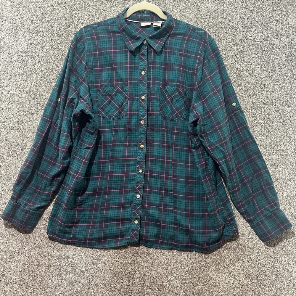 LL Bean Button Up Top Women Large Green Scotch Plaid Cotton  Flannel Roll Tab